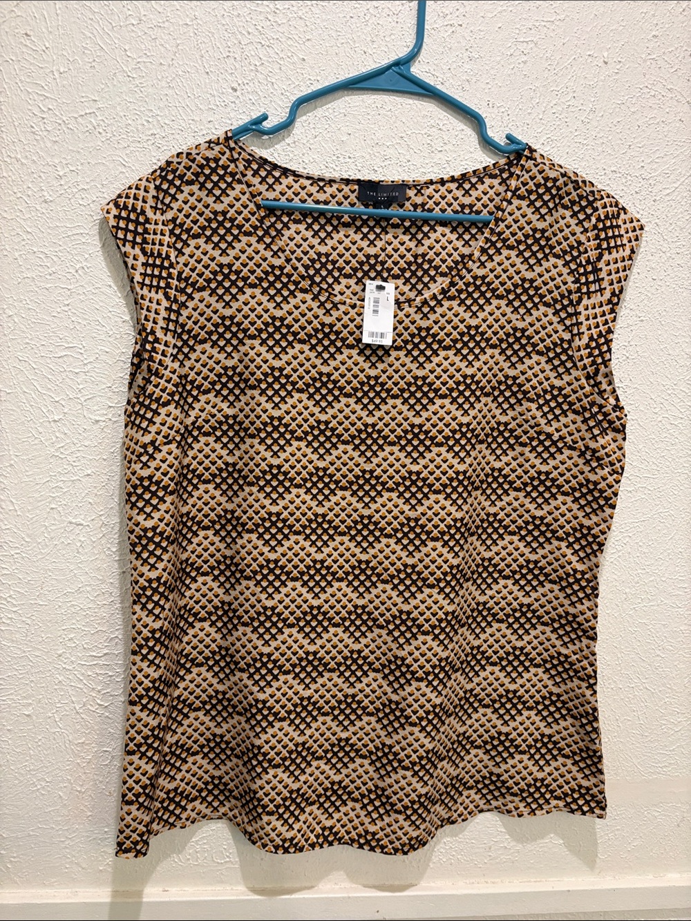 The Limited Beige and Black Geometric Cap-Sleeve Tank